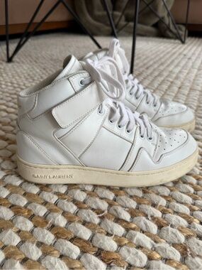 Saint Laurent White Leather High-Top Sneakers with Gold Logo